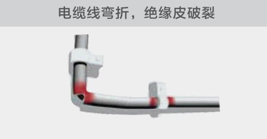 在安裝過程中，由于電線的彎曲半徑過小，或是線夾過緊，導致線纜絕緣皮破裂，產(chǎn)生電弧隱患